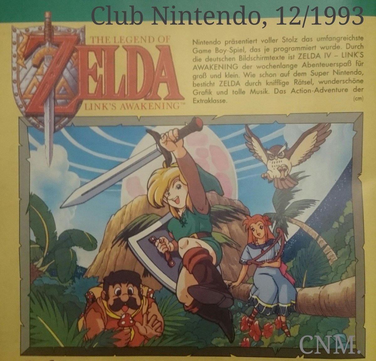 ClubNintendoMem's tweet photo. Heute vor 28 Jahren ist #Zelda: Link's Awakening in Japan für #GameBoy erschienen. Zur Feier gibt es einen Blick auf ein Artwork zum Spiel anlässlich der Veröffentlichung hierzulande. #ClubNintendo, Ausgabe Dezember 1993. https://t.co/eJSe0VV0ql