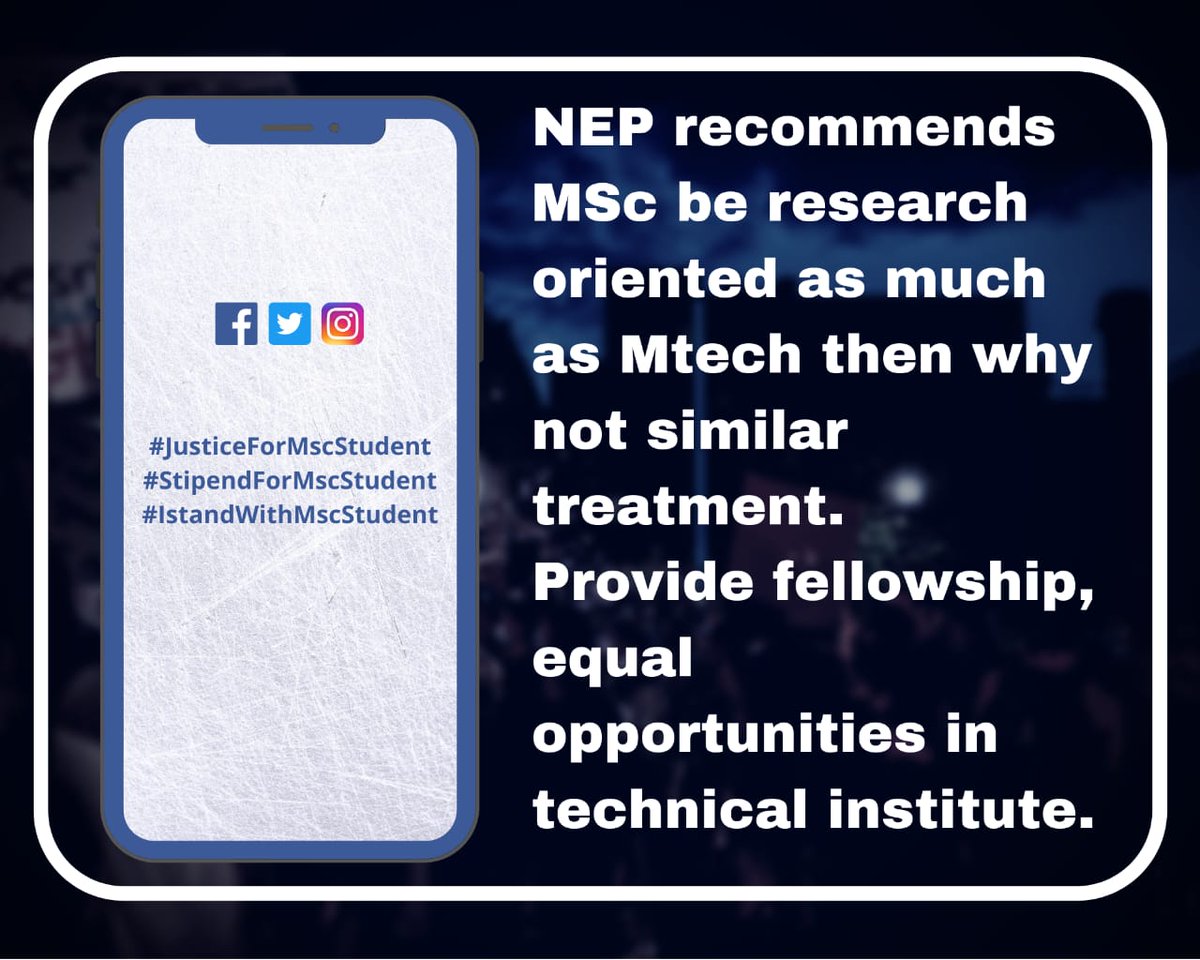 New Education Policy recommends M.Sc as research oriented similar to M.tech then why not similarly treated. Provide fellowship,equal opportunities in technical institute.

<a href="/PMOIndia/">PMO India</a> <a href="/EduMinOfIndia/">Ministry of Education</a>  
#JusticeForMscStudents
#IstandWithMScStudent
