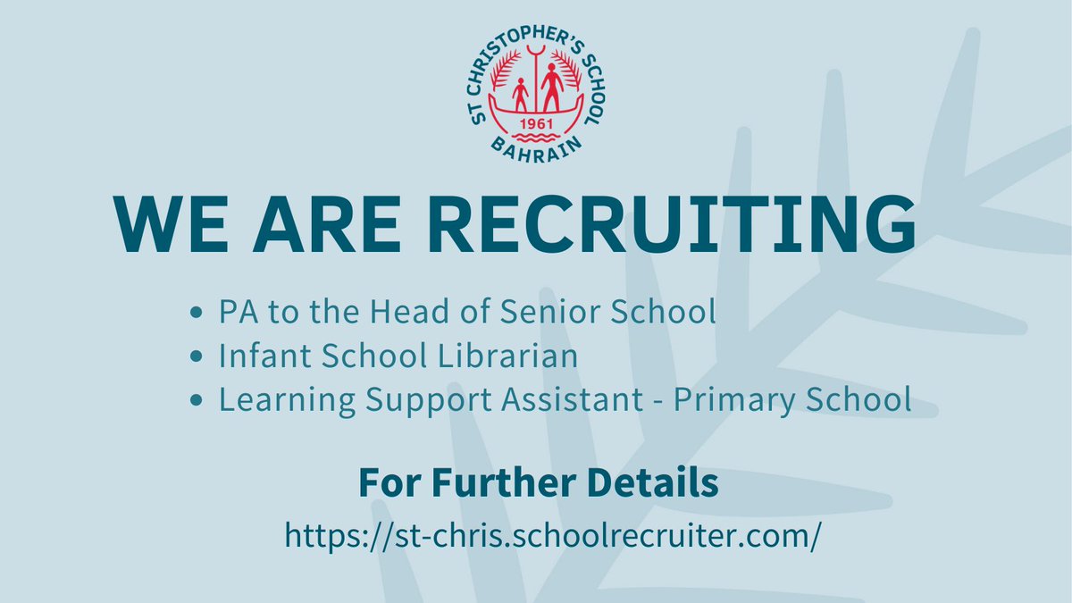 We are recruiting for the following vacancies:

- PA to the Head of Senior School
- Infant School Librarian
- Learning Support Assistant - Primary School

Closing Date: Thursday 10 June 2021

For Further Information : bit.ly/stcvacancies
#StChrisRecruitment #CareersAtStChris