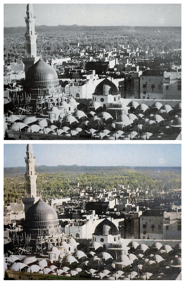 تاريخ وحضارة وزمان ومكان ونور وضياء وصورة قديمة تروي قصة وآثار انها من نوادر الصور للمدينة المنورة والحرم النبوي الشريف والتي يتضح كميه المزارع المحيطة بها من الشرق والجنوب علي مد البصر وفي اقصي الصورة نشاهد مسجد قباء بين المزارع..