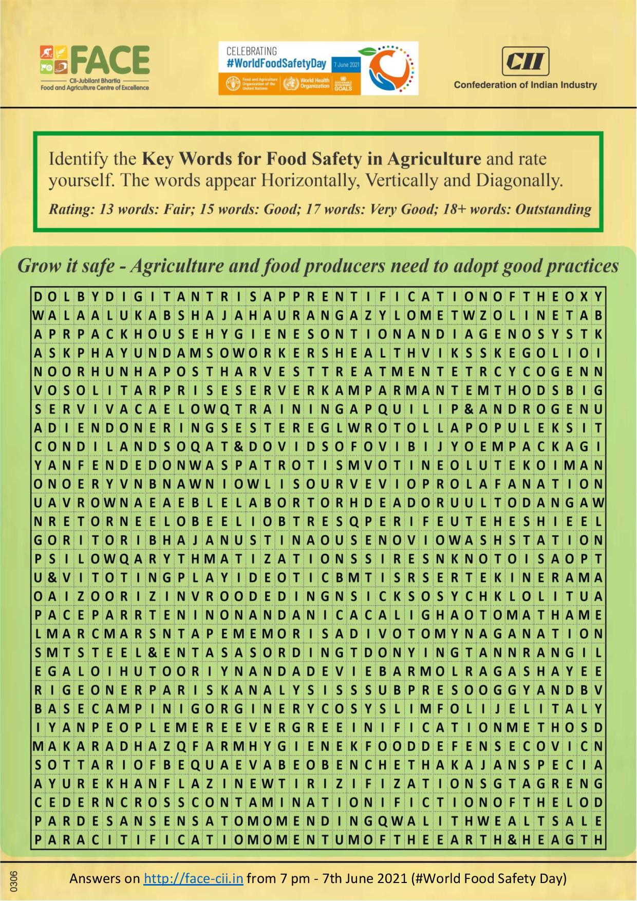 Confederation of Indian Industry on X: Solve the puzzle! Find key words on #FoodSafety for Food Processing Facilities. #WorldFoodSafetyDay @fssaiindia @FAO @WHO @NiftemHaryana @cii_face https://t.co/i9xEsB0YKi / X