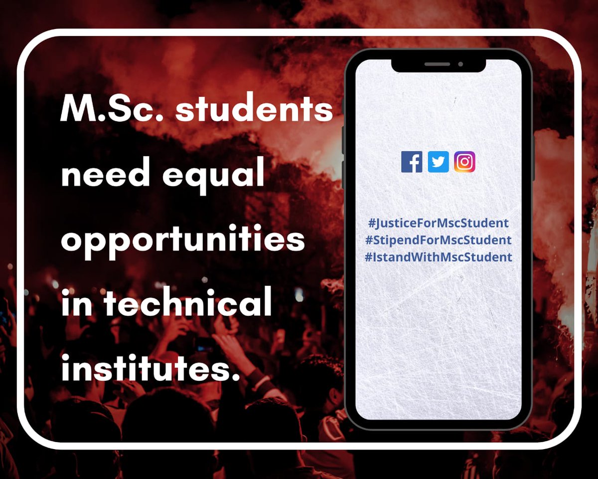 Msc students need equal opportunities in technical institutes.
#JusticeForMscStudent
#StipendForMscStudent
#IstandWithMscStudent 
<a href="/EduMinOfIndia/">Ministry of Education</a> 
<a href="/PMOIndia/">PMO India</a> 
<a href="/DrRPNishank/">Dr. Ramesh Pokhriyal Nishank</a> 
@EduMin