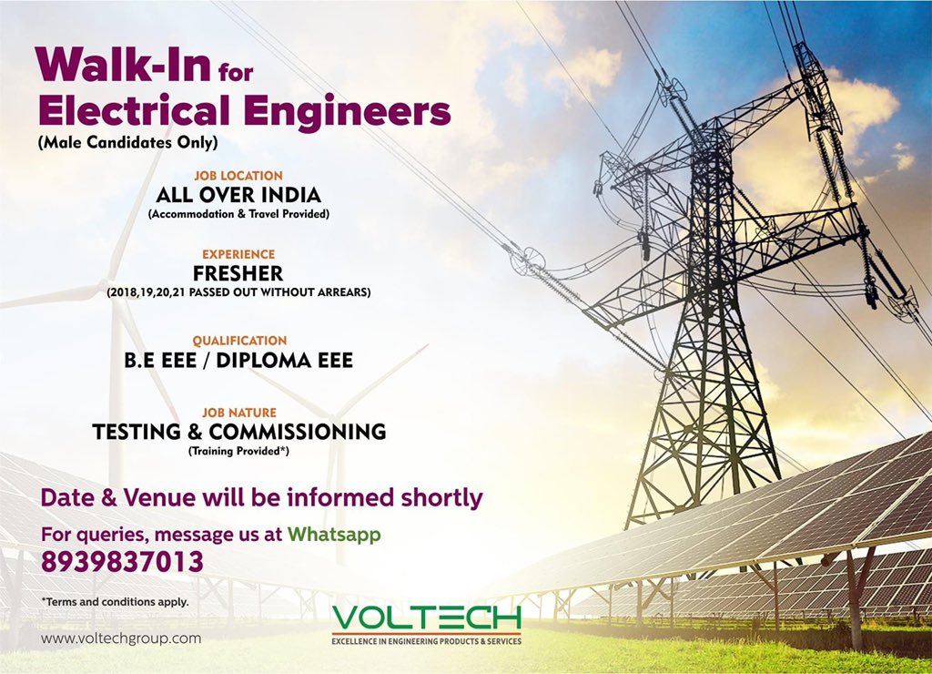 #Walkin #ElectricalEngineers #Voltech 18,19,20, 21 passed out
 Make use....
#jobopening #ITjobs