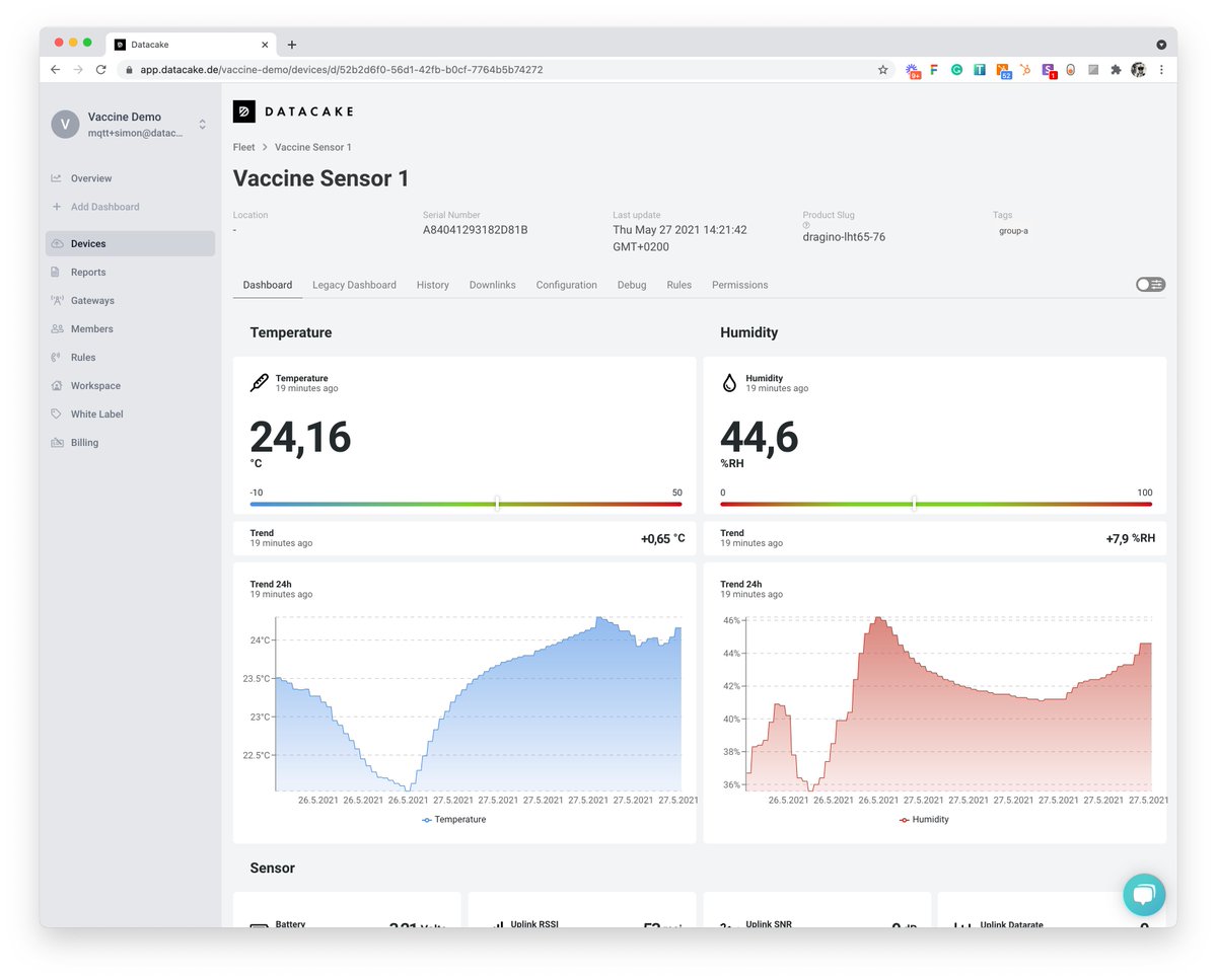 datacake's tweet photo. Implementing an #IoT #monitoring solution for a #vaccination center using #Datacake and @DraginoTech #LHT65 #LoRaWAN sensors. Monitoring and reporting takes place on Datacake. A @RAKwireless #gateway with #LTE is being set up, connected to #TheThingsStack @thethingsindust #covid https://t.co/H5M4sB6H00