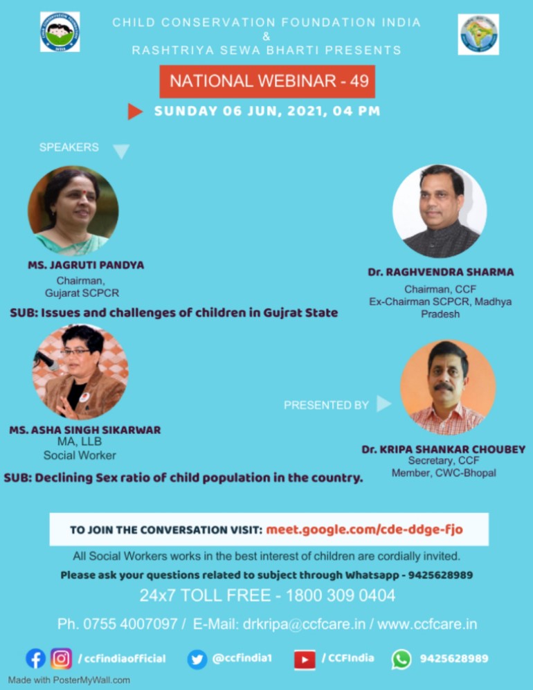 ccfindia1's tweet photo. CCF is coming up with Webinar No.49 on special guests speakers Ms Jagruti Pandya &amp; Ms Asha Singh Sikarwar at 4pm today. To join, plz click on the Google Meet Link: https://t.co/76sQjHUUAg
For more information Call 1800 309 0404 or visit https://t.co/Q2NGwYQdwP https://t.co/dHG2KjH3UT