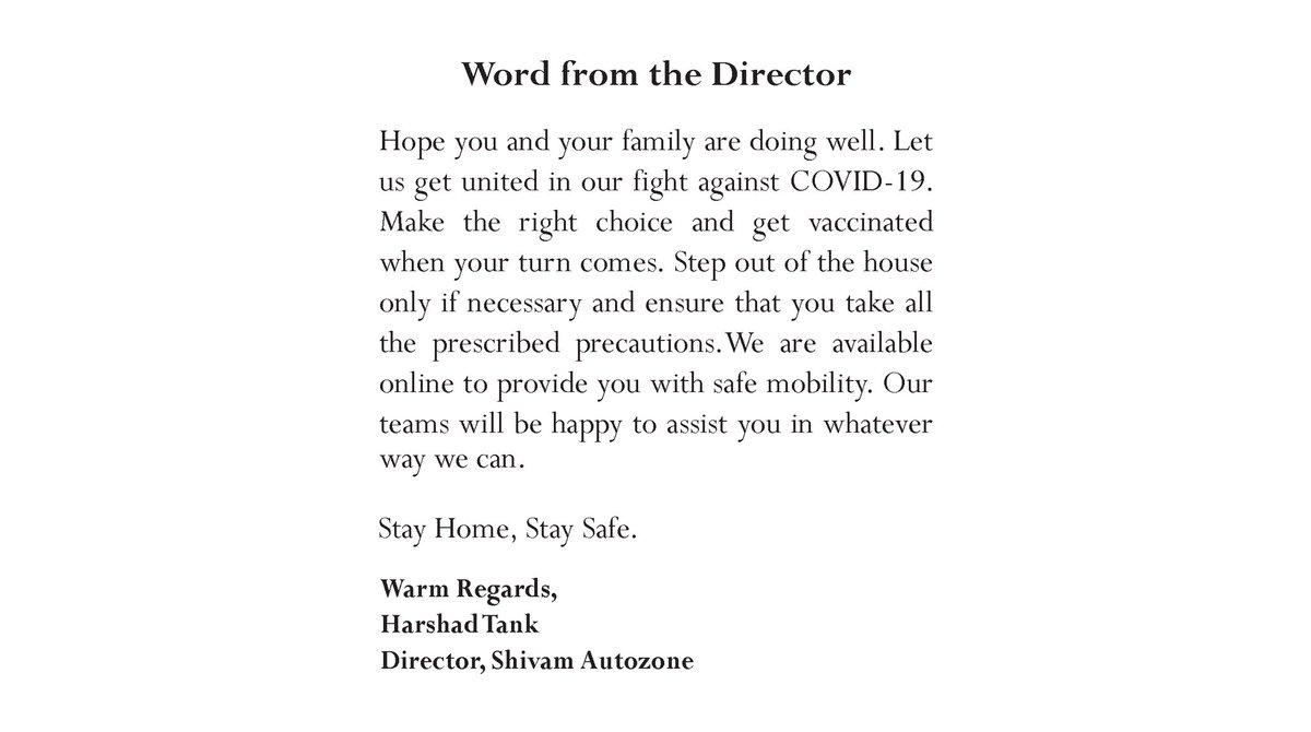 ShivamAutozone's tweet photo. We are concerned. Our Director, Mr. Harshad Tank puts it in simple words. Get #Vaccinated, #StayHome, #StaySafe. For any assistance, connect with us on: 8082 666333. 😇

#ShivamAutozone #MarutiSuzukiArena #Message #DirectorMessage #WordFromTheDirector #CovidVaccine #Mumbai https://t.co/NGaBEdoCxx