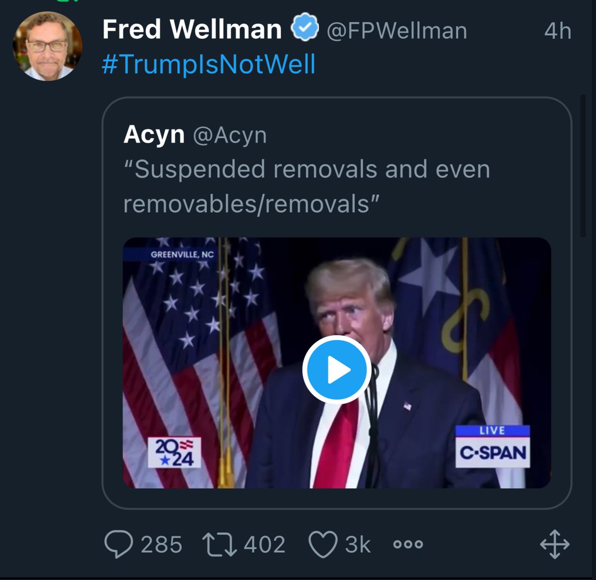 PorcDalmatian's tweet image. So basically @FoxNews refused to air a speech in which a drug-addled #Trump slurred his way through a series of bizarre non-sequiturs, then wet his diaper. 

It’s almost as if someone on the inside told them how bad his condition has become, so they opted out. 
#TrumpNeedsHelp