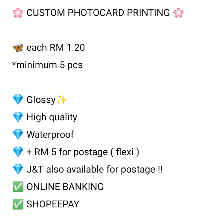 kimdokyuu's tweet photo. [ HELP RT || 🇲🇾 ]

hi korang ! far ada buat small business one sided custom photocard :> any type of picture accepted !! more details far letak kat pic below ^^ do dm me if you're interested help rt, thank you in advance <33 https://t.co/OtrDcmkZV6