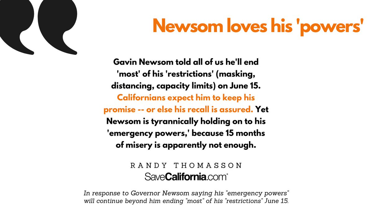 savecalifornia's tweet photo. It's no surprise tyrannical Democrat Gov. Gavin Newsom intends to keep his "emergency powers," despite him maintaining he'll lift "most" of his "restrictions" June 15. SEE OUR ALERT: https://t.co/9I3iN9N1ps
#liberty #tyanny #freedomisnotfree #reopencalifornia #savecalifornia https://t.co/IVDWHOktiM