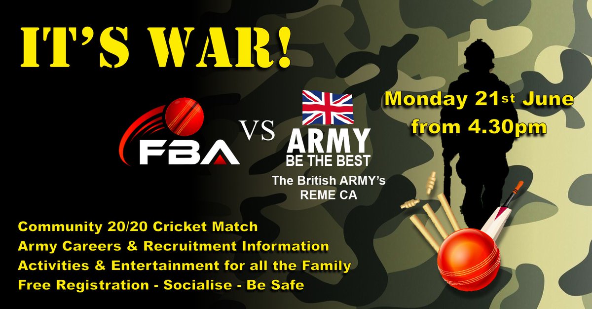 FBAcricket's tweet photo. 15 days to go. FBA vs @BritishArmy cricket match @RiddlesdownPE. This is going to be an amazing family event. There will be an Army recruitment truck and an assault course for the kids. #purley #croydonsports #firstballer https://t.co/evbM9zQsFn