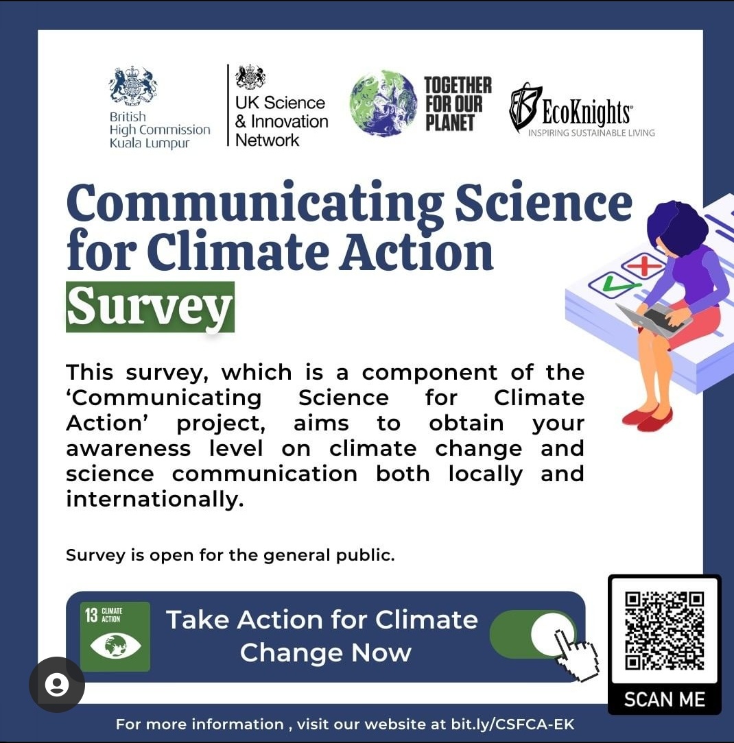 Share your views here: Bit.ly/CSFCA-SURVEY

Follow us to learn more about #bitesizeclimateaction

Developed by <a href="/studyunimalaya/">studyunimalaya</a> &amp; <a href="/UoNMalaysia/">University of Nottingham Malaysia</a>
Supported by <a href="/UKinMalaysia/">UK in Malaysia🇬🇧</a>
&amp; <a href="/EcoKnights/">EcoKnights</a>