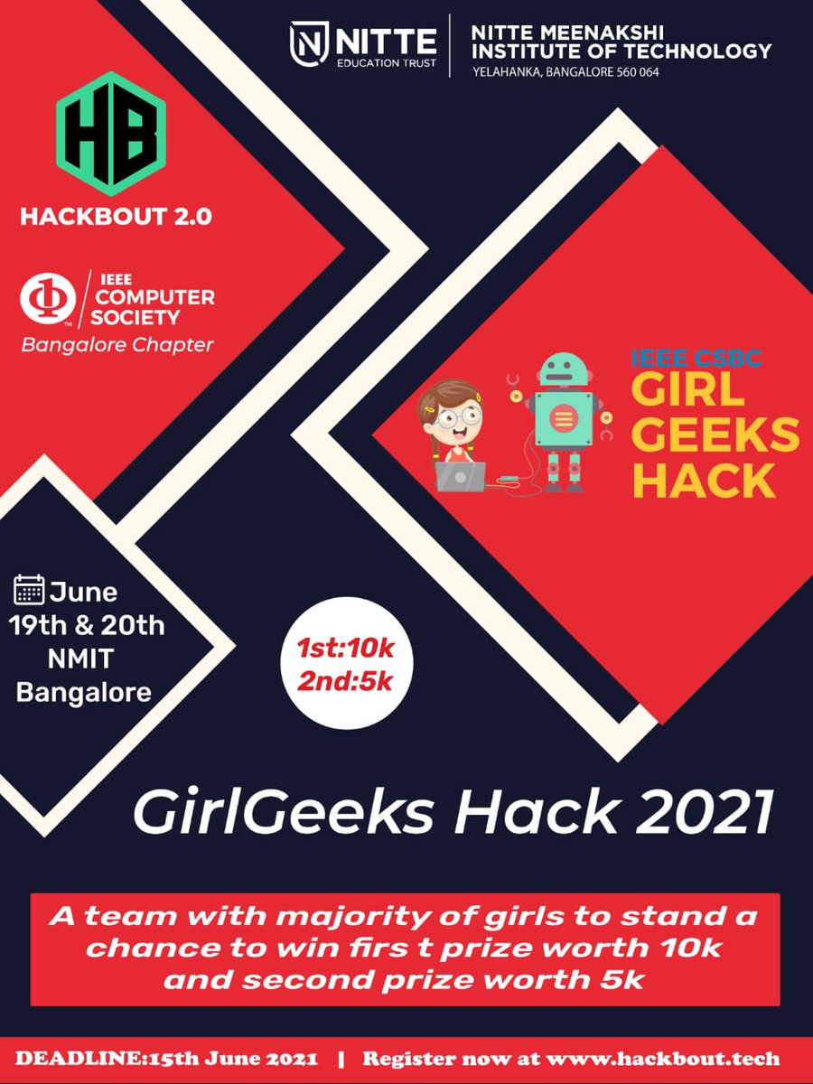 HackClubNmit's tweet photo. We are please to announce that IEEE Computer Society will be providing cash price worth of 15k to a team with majority of girls who have the best project at HackBout.

Registrations Open : https://t.co/YeRESJcLc2

#hackbout #hackclub #hackclubindia #hackclubnmit https://t.co/dzX6NOPYol