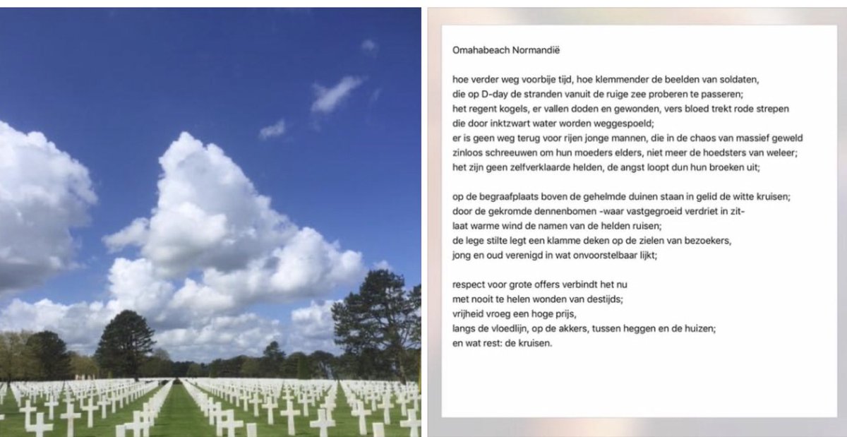 Sinds 1965 kom ik bij een mij dierbaar geworden Franse familie in Vierville Omahabeach. In 1944 is hun grote huis (600 m van zee) in brand geschoten en vernield. Gezin dook weg in droge sloot. Bij 
75-jaar D-day maakte ik dit gedicht bij foto van begraafplaats: 10.000 USA mannen.