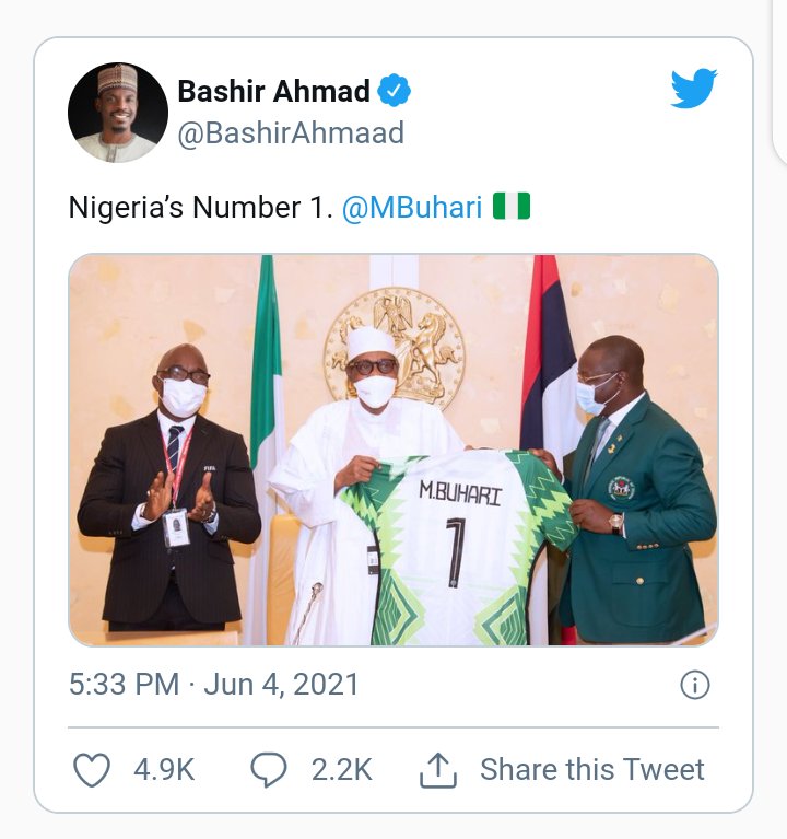 IfedayoOgunyemi's tweet photo. #TwitterBan: @SpeakerGbaja, @OvieOmoAgege, @inecnigeria, other agencies defy FG
Personal Assistant on New Media to @MBuhari, @BashirAhmaad, at 5:33 PM on Friday, tweeted a photograph of the president holding a Super Eagles jersey...
#usingvpn #Malami
https://t.co/ckwHe7OYrN https://t.co/HxUaecaRGK