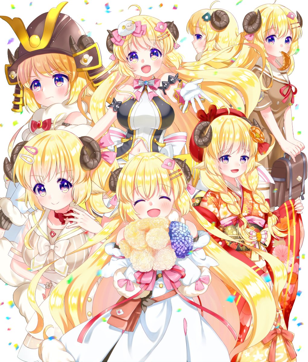 tsunomaki watame sheep horns hololive idol uniform horns sheep girl blonde hair kabuto (helmet) sheep ears  illustration images