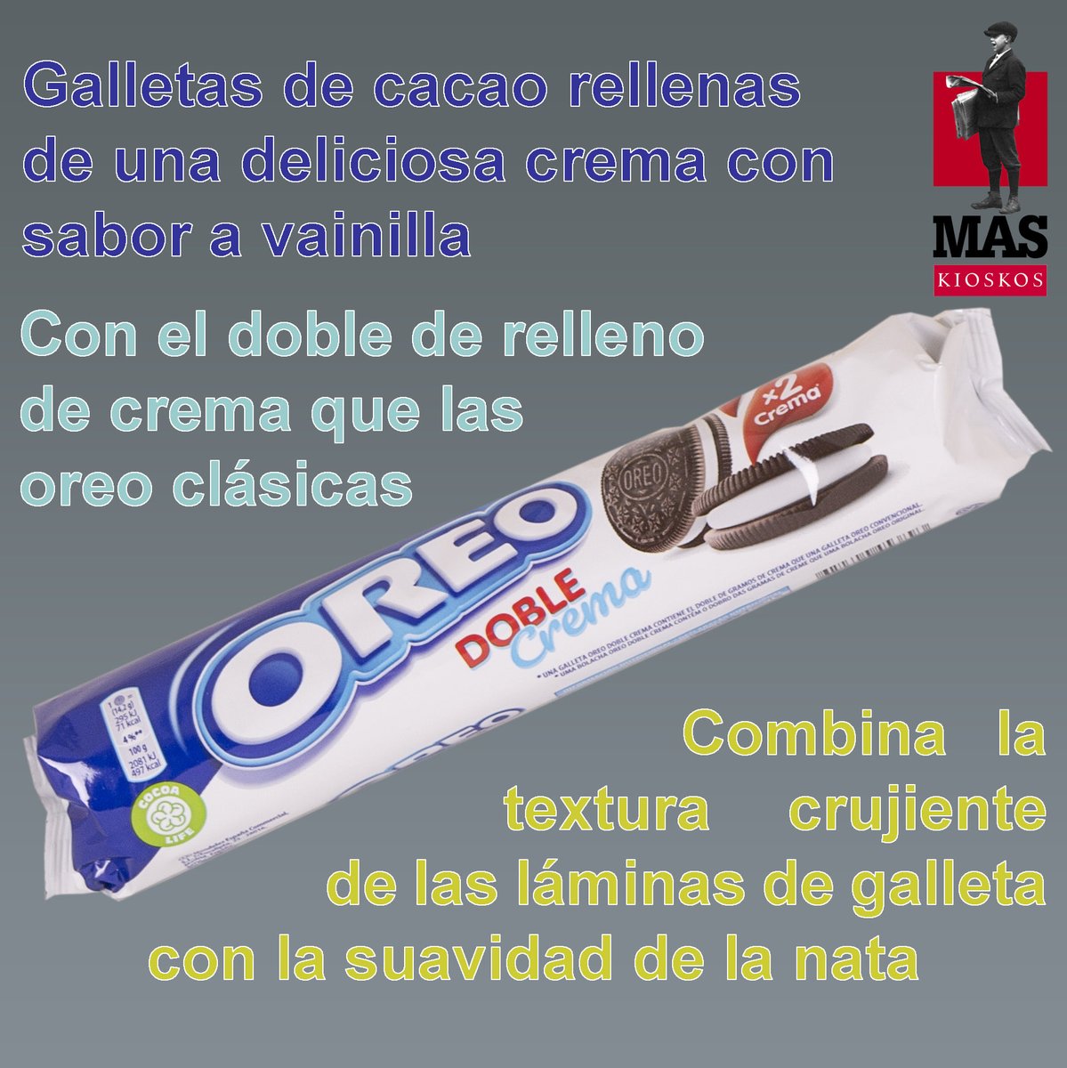 kioskosmas's tweet photo. Oreo doble crema, las  clásicas galletas tipo sándwich de chocolate, con dos galletas circulares unidas esta vez por una dulce y doble crema de vainilla en el centro. Paquete con 13 galletas de @oreo_es

#KioskosMas #galletas #chocolate #dulces #desayuno #merienda #chuches https://t.co/LQ2Uzwr0BC