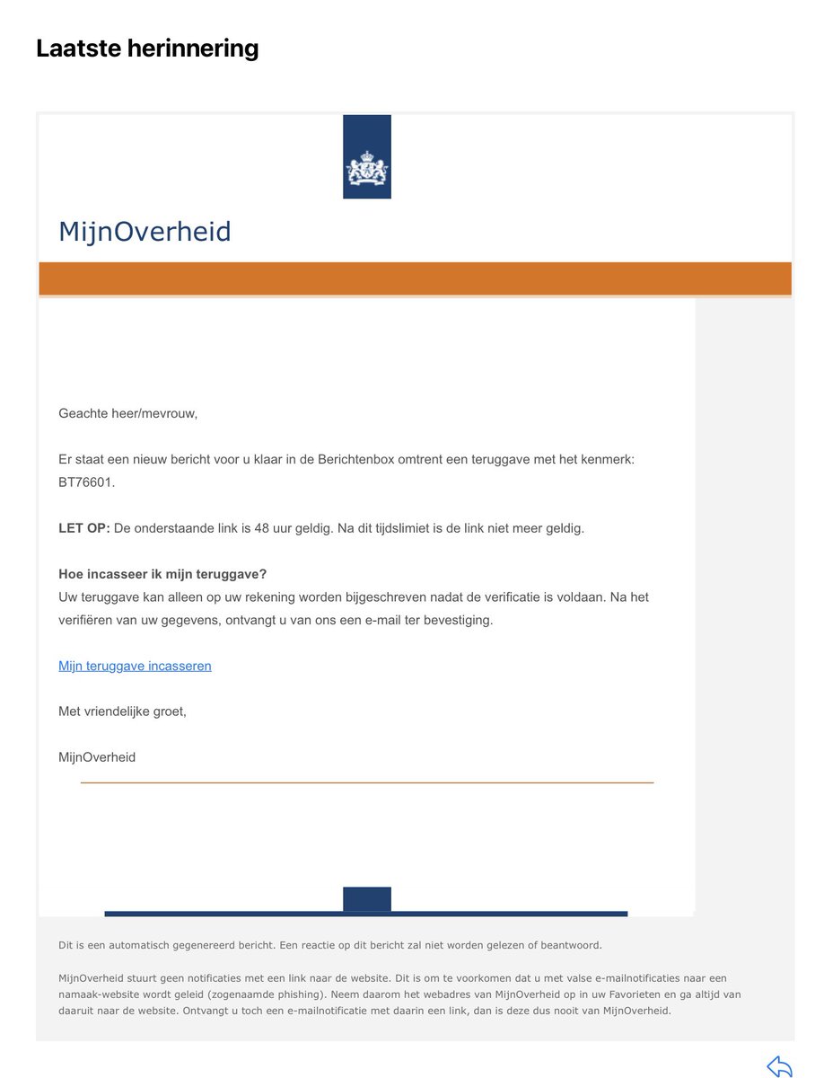 LET OP!
Afgelopen nacht een mail ontvangen van contact@integriteits-omgeving.nl ontvangen. Met logo van rijksoverheid.nl <a href="/Rijksoverheid/">Rijksoverheid</a> 
Dit is duidelijk niet pluis, uiteraard niet op linkje gereageerd. Wel melding gemaakt bij fraudehelpdesk.nl

RT = fijn