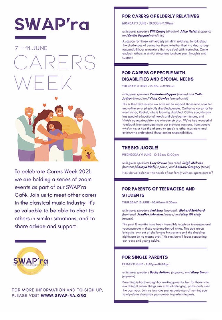 swap_ra's tweet photo. Starting tomorrow our big week of #SWAPraCafe’s for #CarersWeek. Please check out all the sessions and see if you or anyone you know would benefit from them. Some wonderful artists leading them. #parentsinperformance Register here: https://t.co/GLNFgPD6Je https://t.co/K3KjHVyM2P