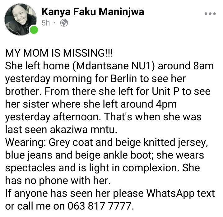 LawuNoma's tweet photo. Guys Pleaser help my friend find her mother it's been days now engafumaneki please guys
@mihlalii_n @Boity @RealBlackCoffee @RealBlackCoffee @bonang_m @iFani_Haymani @DJZinhle @akreana_  💔💔 @PrinceKaybee_SA @Moktone @phume22 https://t.co/xyAvQHtgmp