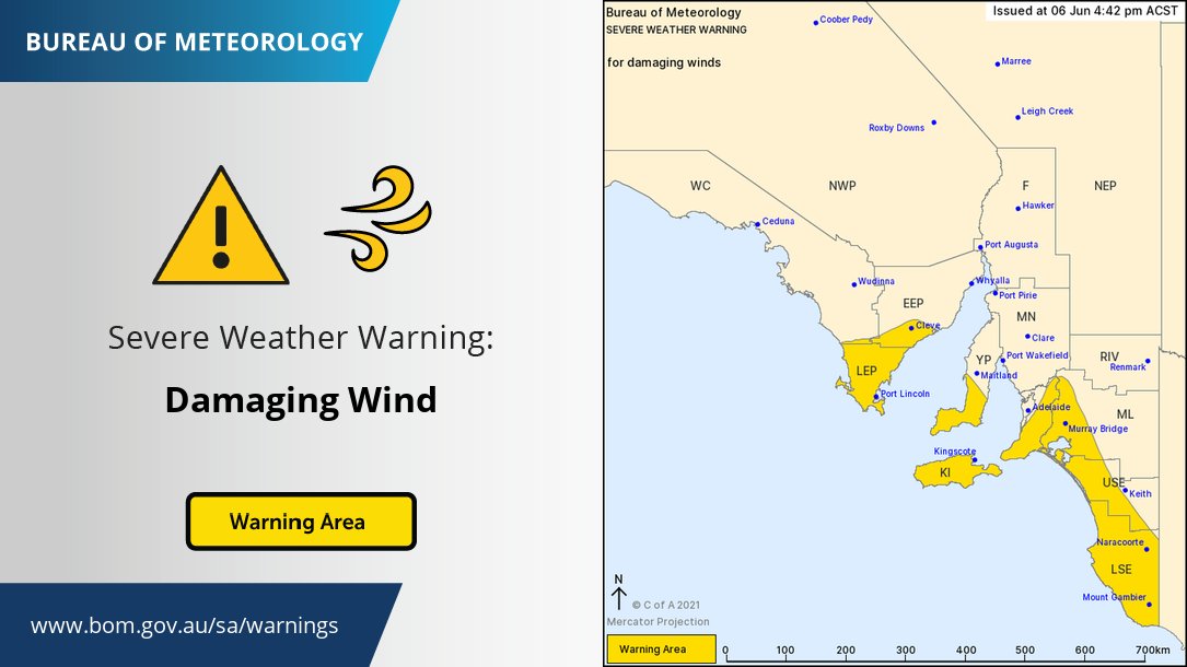 BOM_SA's tweet photo. ⚠️ A Severe Weather Warning for Damaging wind gusts has been issued with gusts of 90-100 km/h forecasts to develop on Monday morning. Keep up to date with the latest warnings: https://t.co/H0BRRNu9w0 https://t.co/lnbYLFehhb