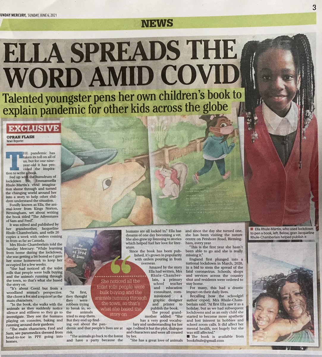 Our Ggirl Ella and my lovely wife <a href="/JJrhule1/">JacquiRhuleChamblain</a>  featured in today’s <a href="/Sunday_Mercury/">Sunday Mercury</a> who ran an article about Ella’s book Adventure of Fred &amp; Sam. #Childrensbook. So proud of both of them. Orders from booksrhule@gmail.com  <a href="/Hunter1_lj/">'LJ' Hunter</a> <a href="/FANTASTICRADIOO/">#FANTASTICRADIOUK. Feel Fantastic .Do Fantastic</a>