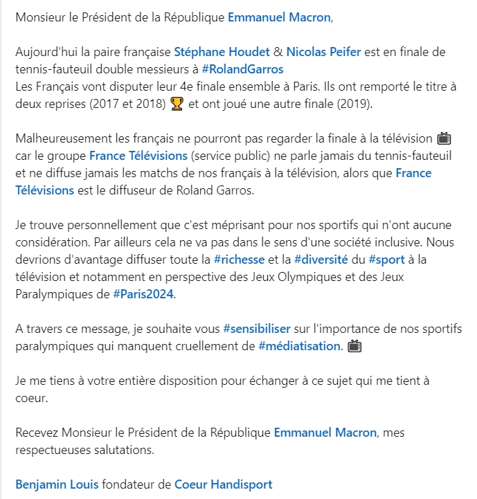 CoeurHandisport's tweet image. Monsieur le Président de la République @EmmanuelMacron
Aujourd'hui la paire française @HoudetStephane &amp;amp; @Nicolas_Peifer est en finale de tennis-fauteuil double messieurs à #RolandGarros
Je me tiens à votre entière disposition pour échanger à ce sujet qui me tient à coeur.
@Elysee