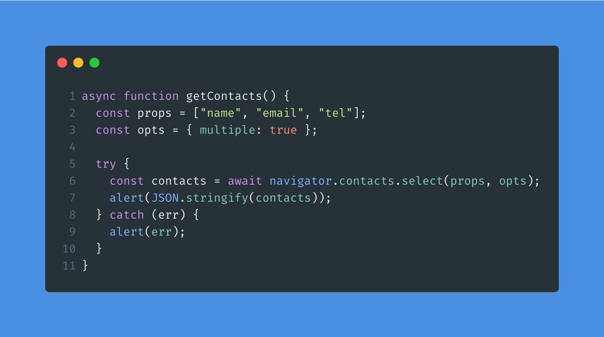 frontend_jsx's tweet image. 💡Javascript Tip: Using the Contact Picker API you can fetch a phone contact list on the web.
#javascripts #JavascriptLibraries #javascript30 #javascriptengineer #javascript3 #javascriptbasics #javascriptdeveloper #javascriptdevelopers #javascriptlover #100DaysOfCode