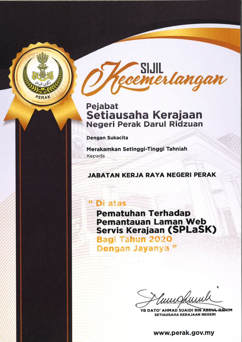 Tahniah diucapkan kepada Jabatan Kerja Raya Negeri Perak, kerana memperoleh pencapaian 100%  bagi  Penyelesaian prestasi Aduan, Majlis Bersama Jabatan (MBJ), HRMIS, dan Pematuhan Terhadap Pemantauan Laman Web Servis Kerajaan (SPLaSK) bagi tahun 2020 dengan jayanya.