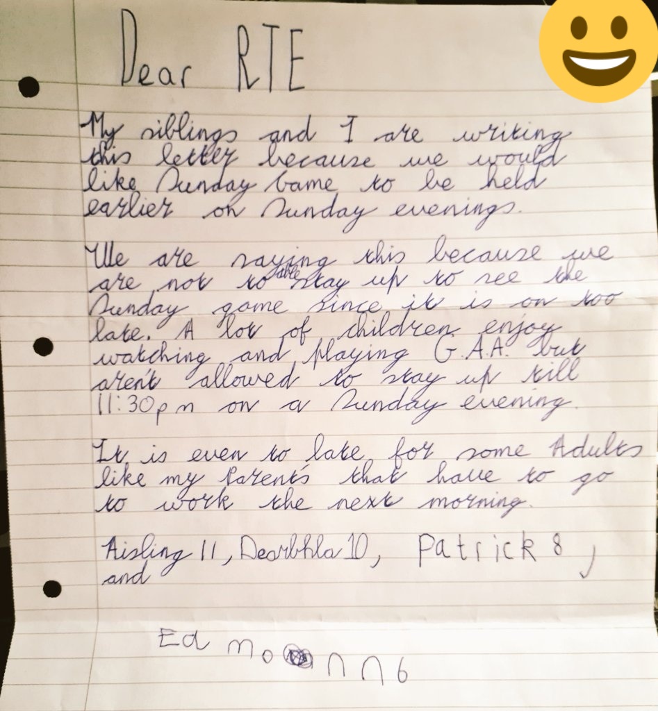 We get a lot of post from around the country but this one from Aisling, Dearbhla, Patrick and Eamonn from Kildare is class.😂
Alas the size of the production would be quite the challenge to get ready any earlier than the 9.30pm slot.
We do take the point however.
#RTEGAA