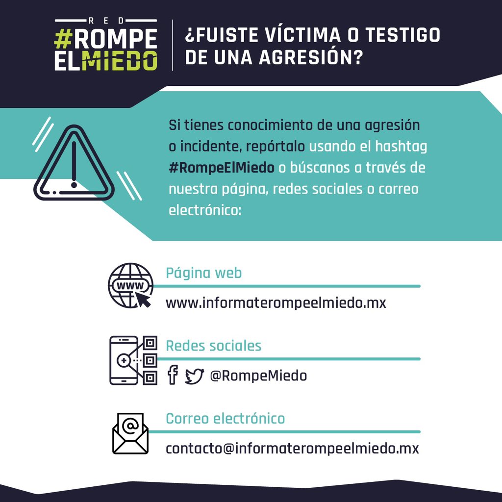 ⚠️ Periodista, la Red <a href="/RompeMiedo/">Red Rompe el Miedo</a> está ACTIVA 🔴 para monitorear las #Elecciones2021 y documentar agresiones contra periodistas y personas defensoras de derechos humanos.

Conoce y comparte los detalles de esta jornada y si eres testigo o víctima de una agresión, escríbenos.