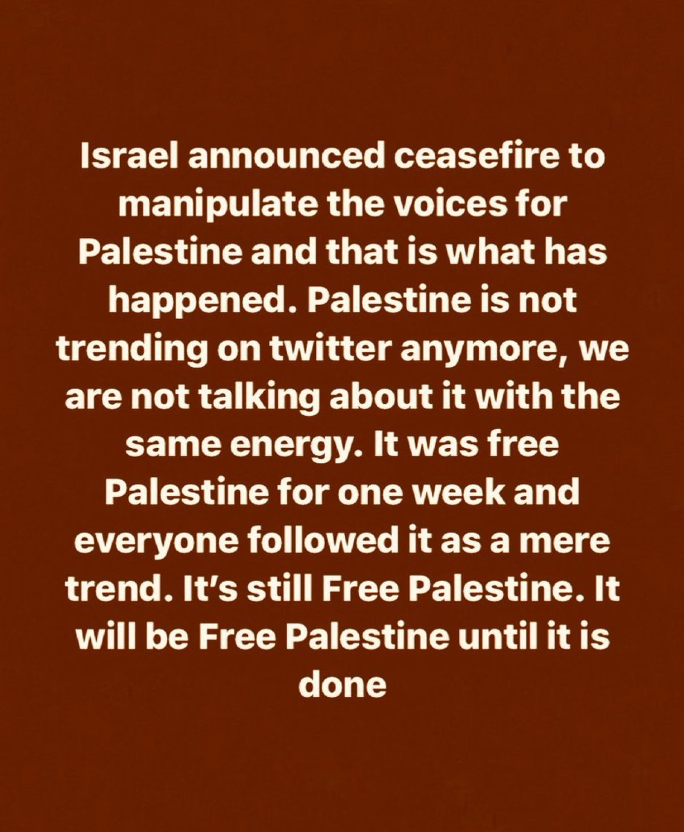 Ema97n's tweet photo. The “ceasefire” was orchestrated for one reason, and one reason only: To kill the momentum of international sympathy that had been dramatically shifting in favor of the Palestinians.
#freemunaalkurd #FreePalestine https://t.co/UkoiAHiMmf