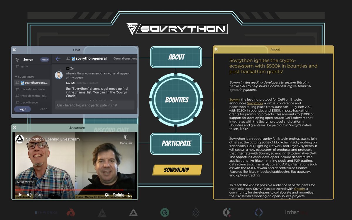 exiledsurfer's tweet photo. Join me with @manuferraritano of @moneyonchainok in the @interspacechat virtual conference space built by @krassvs of @ParallelePolis  for @SovrynBTC 's https://t.co/iVLk5yQWqO with integrated livestream, discord chat, and links to the @gitcoin bounties! https://t.co/4vjpfG68kA