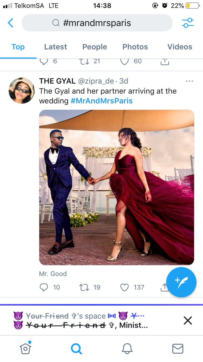 blackthwitha's tweet photo. #BESTTREND goes to a glorious wedding hosted by the tweeter elites under:#mrandmrsparis trended number 9 on SAcharst The Space President @ChrisExcel102 and his cabinet were also present including the suspended minister @zipra_de and @Khumalo_Nene7 covid protocol were followed https://t.co/InToqZjhPa
