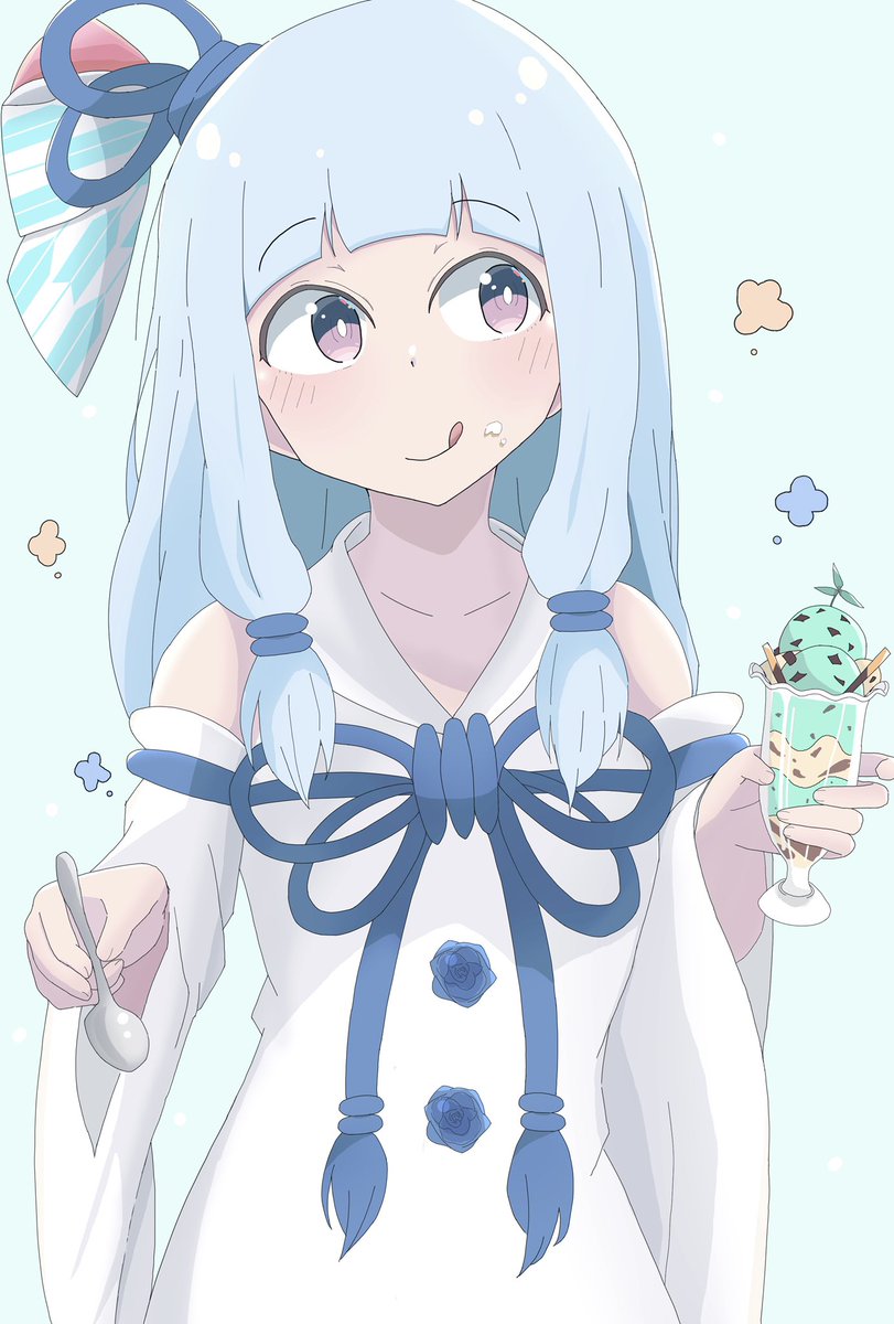 kotonoha aoi 1girl spoon tongue out solo tongue food blue hair  illustration images