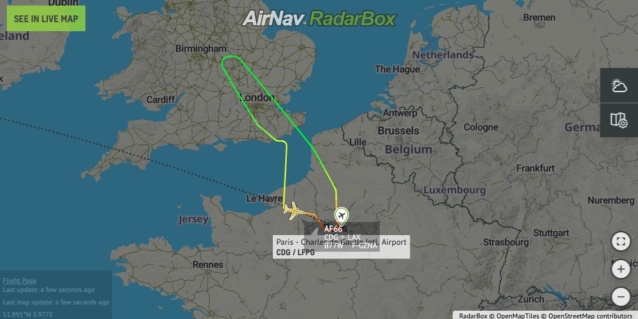 AirNavRadar's tweet image. Air France #AF66 to Los Angeles LAX declared an emergency and returned to Paris CDG radarbox.com/data/flights/A…
