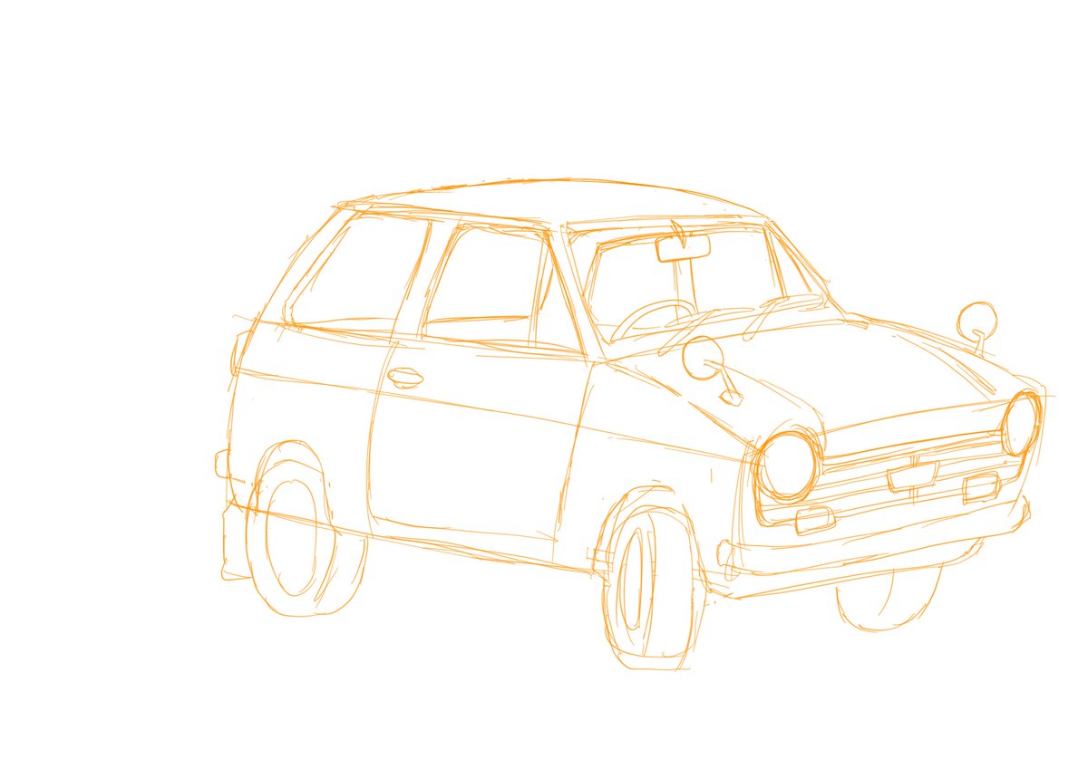 みきたにし 描いたり弾いたりする人 次はこれを描きます かわいくてオシャレでレトロなn360です シリーズ誕生は1960年 制作過程 車のイラスト