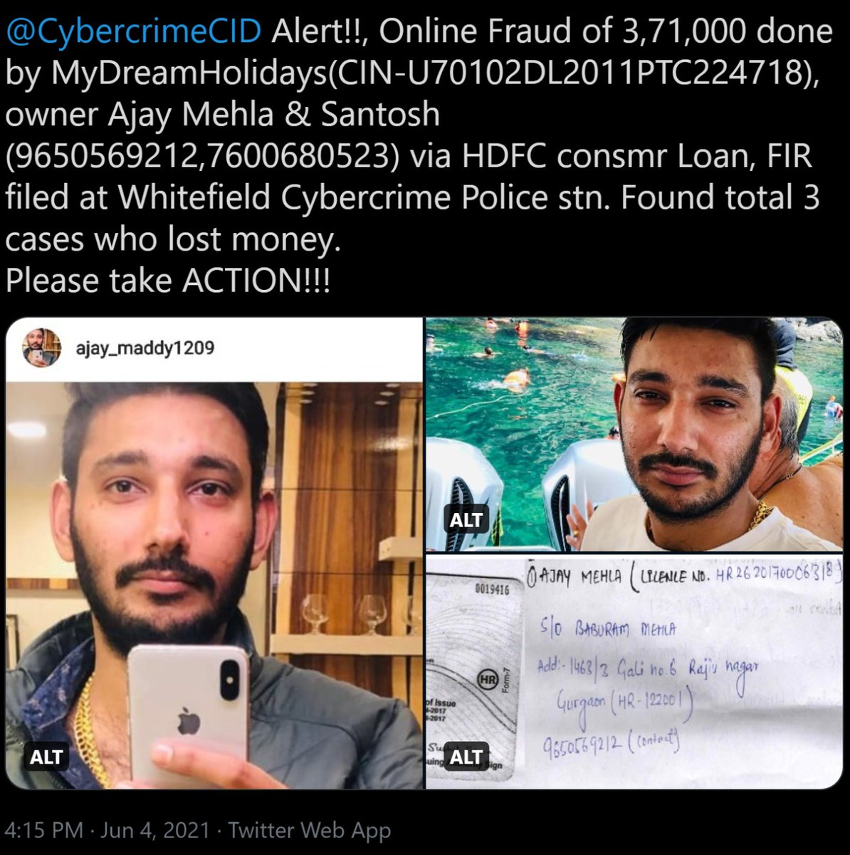 yourfriendvivek's tweet image. Online Fraud of 3.71 lacs by MyDream Holidays - Ajay Mehla &amp;amp; Santosh via HDFC loan
Filed FIR at Bnglore, alrdy fnd 4 VICTIMS, 
Help PLS
@CybercrimeCID @cybersupportnet @BlrCityPolice @CPBlr @CMofKarnataka #Namma112 @HDFCBank_Cares @RBI @ArvindLBJP @aajtak @PMOIndia @HDFC_Bank @FT