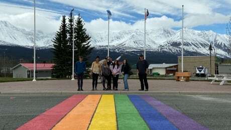 CBCNorth's tweet photo. Students celebrate inclusivity in Haines Junction with a rainbow crosswalk https://t.co/EdgmuIywol https://t.co/7kTOqjWMkJ