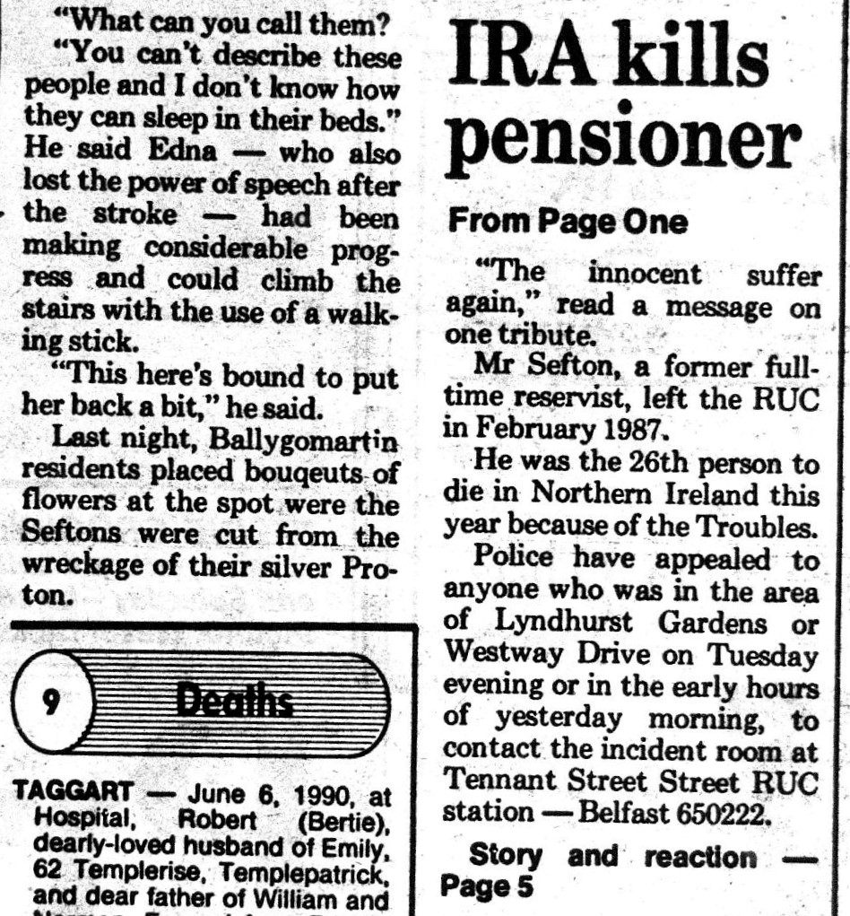 OnThisDayPIRA's tweet photo. #OnThisday in 1990 the IRA murdered Ellen Sefton, 66. Wife &amp; mother of 2. Mrs Sefton died next day, 7/6. The car crashed 10am, onto the pavement injuring a female wheelchair user who was recovering from a stroke and slightly injuring her husband on their way to hairdressers. #OTD https://t.co/6U00ACsJZB