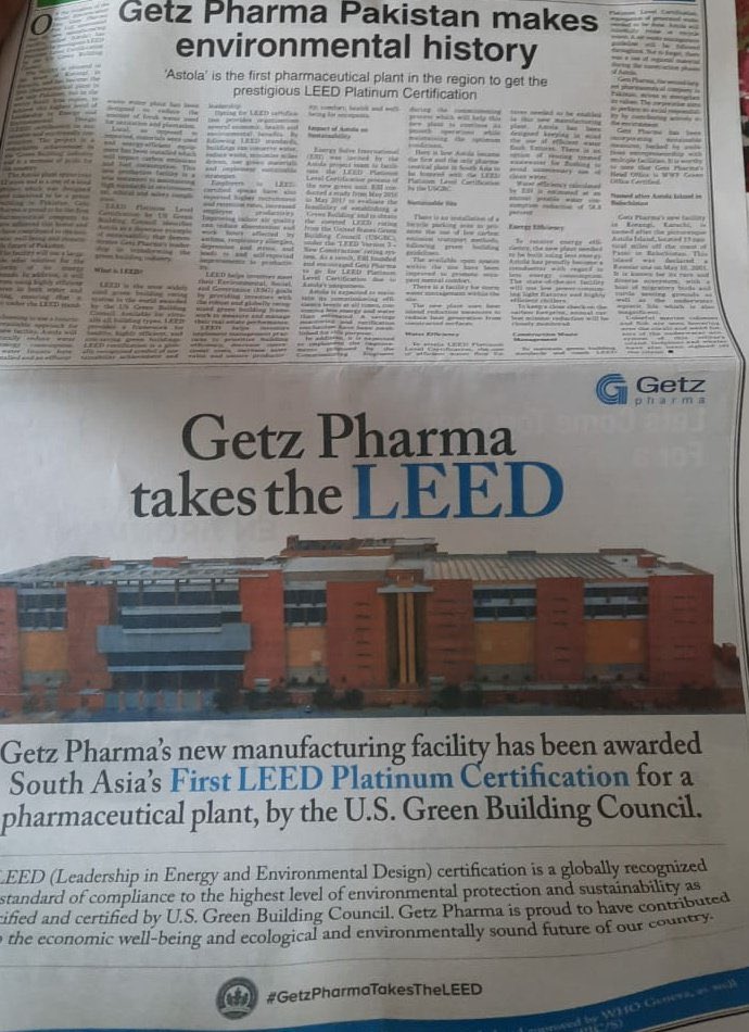 Meanwhile @GetzPharmaIntl has become the only South Asian pharmaceutical company to receive LEED Platinum certification. And no one is talking about it why?@ImranKhanPTI @ArifAlvi @DeputyKorangi @SindhEco @DGSEPA @MuradAliShahPPP @murtazawahab1 
 #GetzPharmaTakesTheLEED