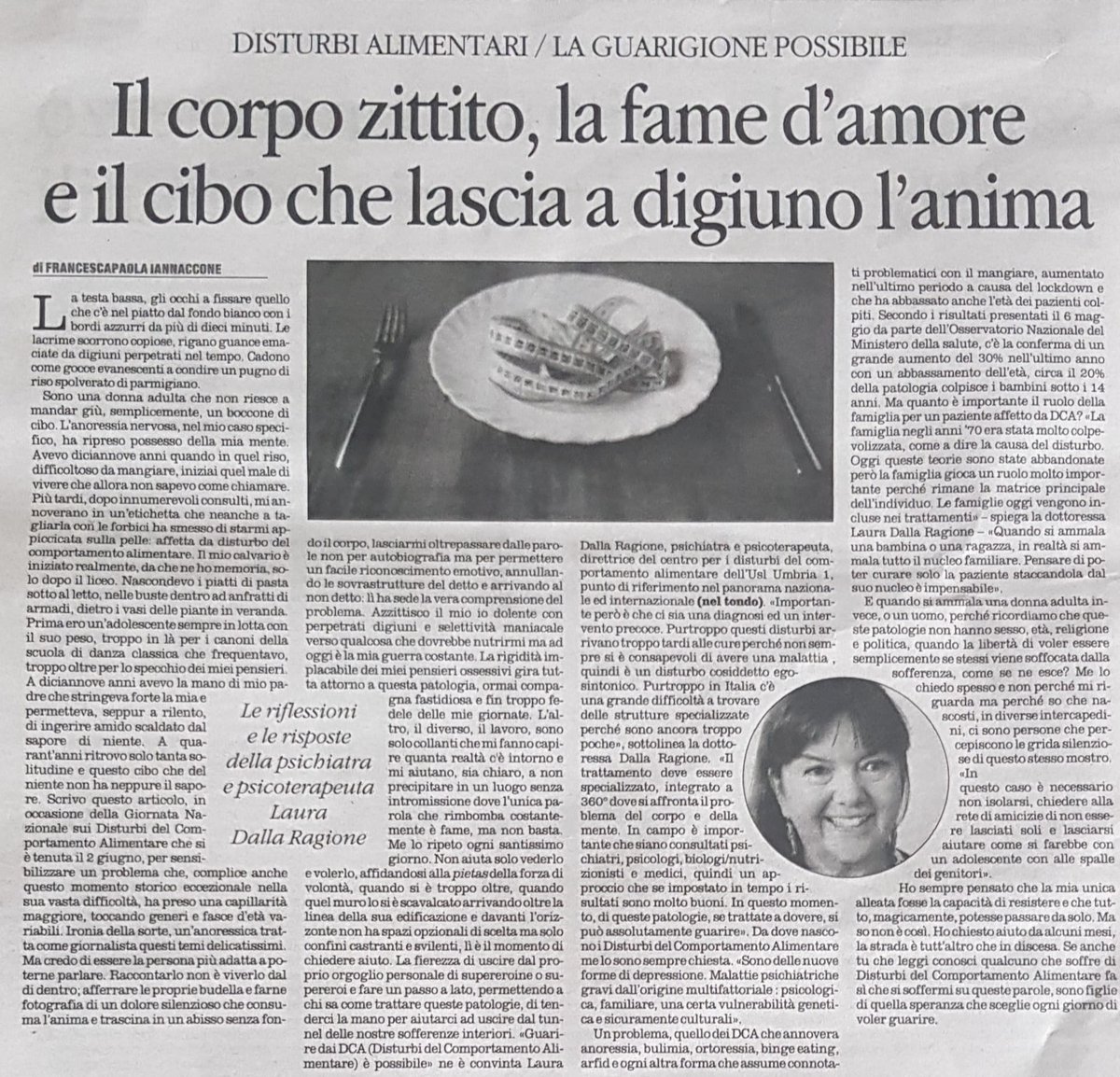 francescapaola3's tweet photo. I #DisturbidelComportamentoAlimentare #DCA sono una malattia invisibile e spesso sottovalutata. Uscirne, realmente, si può.
Ne scrivo questa domenica - raccontando anche la mia storia - e ne parlo con la dottoressa #LauraDallaRagione sul @LAltravoce #insertoculturale #Mimì https://t.co/o4EBaklhWC