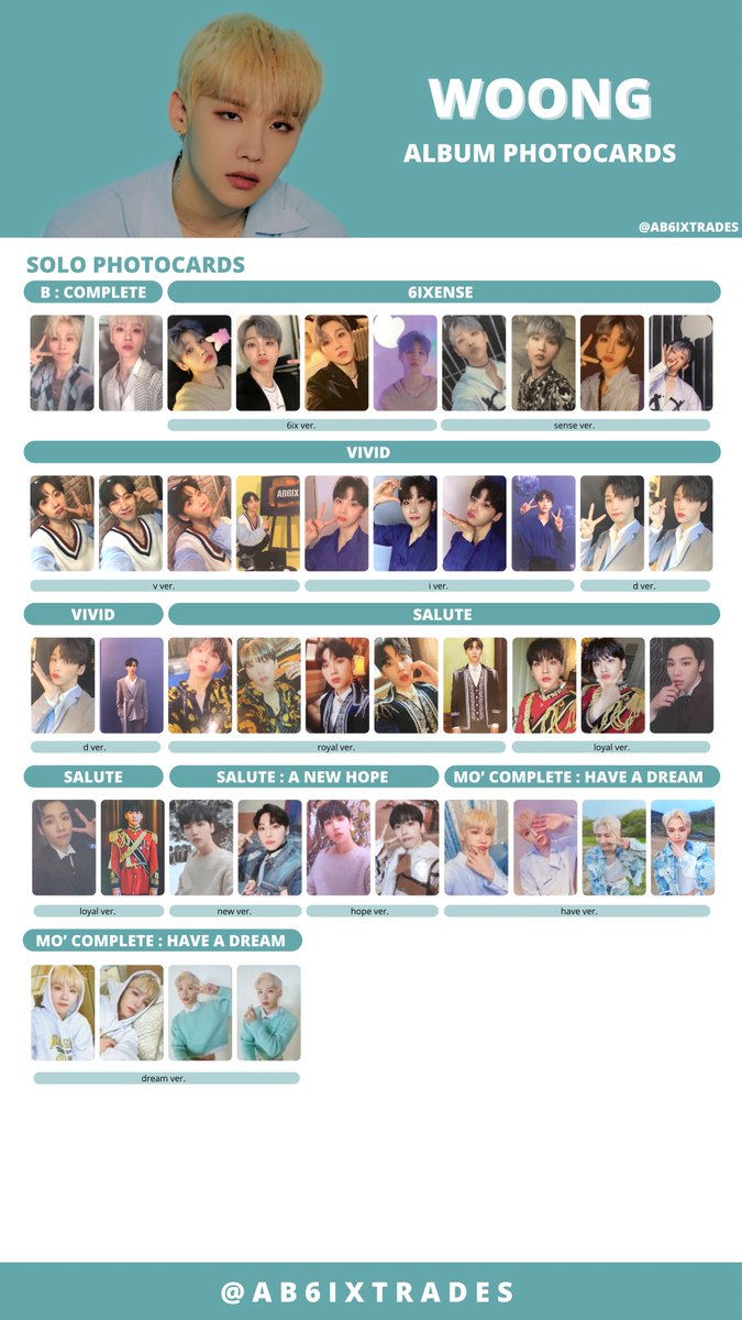 ab6ixtrades's tweet photo. 에이비식스 포카리스트
Ab6ix Solo Album Photocards List / Template 

 #에이비식스 #전웅 #김동현 #박우진 #이대휘 #ab6ix #woong #donghyun #woojin #daehwi https://t.co/e4q7q2ElnI