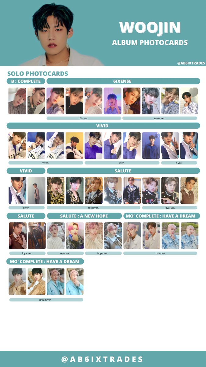 ab6ixtrades's tweet photo. 에이비식스 포카리스트
Ab6ix Solo Album Photocards List / Template 

 #에이비식스 #전웅 #김동현 #박우진 #이대휘 #ab6ix #woong #donghyun #woojin #daehwi https://t.co/e4q7q2ElnI
