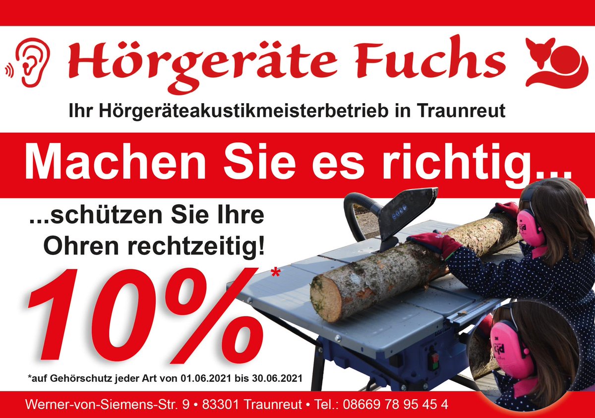 10% auf Gehörschutz jeder Art von 01.06.2021 bis 30.06.2021
Machen Sie es richtig...
...  schützen Sie Ihre Ohren rechtzeitig!
