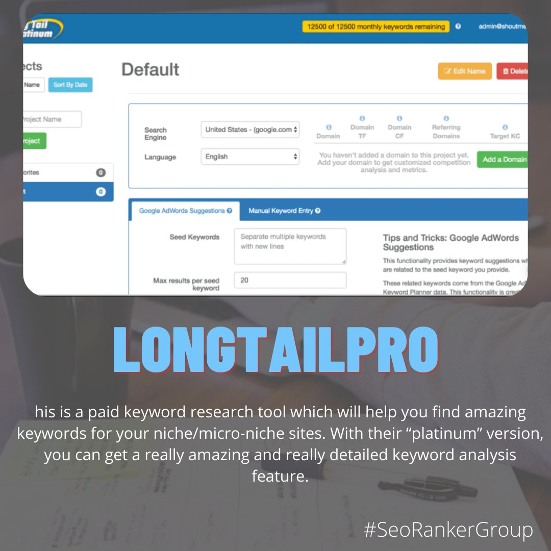 trademinati's tweet photo. 5⃣LongTailPro
LongTailPro is a cloud-based software for keyword research and one of the most popular in this list.
@longtailpro #longtailpro #ishailesh https://t.co/dChQ5uSty6