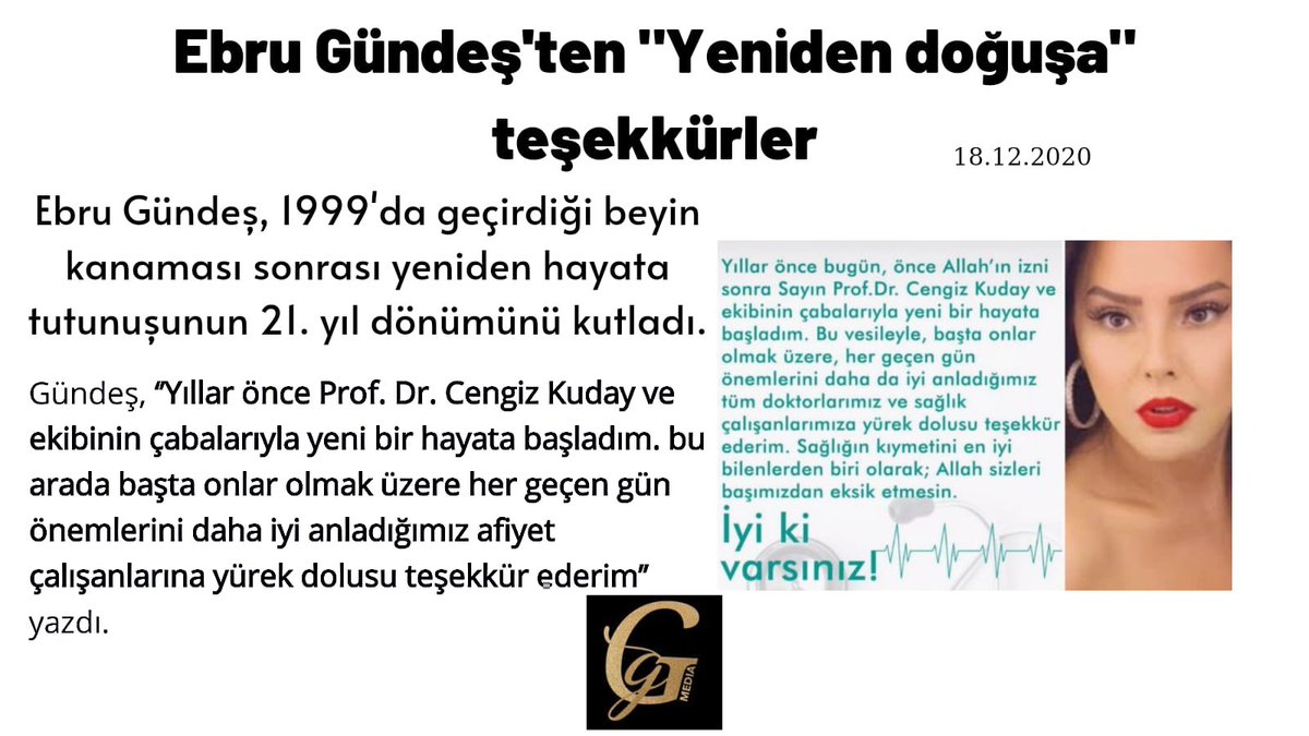 Ebru Gündeş, 2020 yılında ikinci hayatının yıldönümünü Prof. Dr. Cengiz Kuday öncülüğünde bütün sağlık çalışanlarına teşekkür ederek kutladı. 

#ebrugundes #ebrugündeş #cengizkuday #ikincihayat