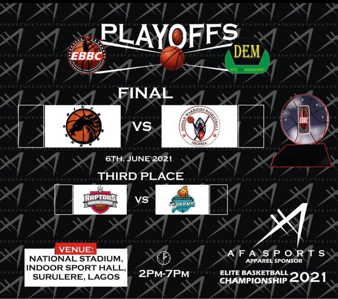 Theflatoutshow's tweet photo. Who's gonna be crowned champions?
Finals‼️
Park Dragons🐉 vs Warriors Basketball

Third Place game
Raptors vs Unilag Sharks 🦈

📍: National stadium, Lagos
🕑: 2pm https://t.co/j1sKZWQMIM