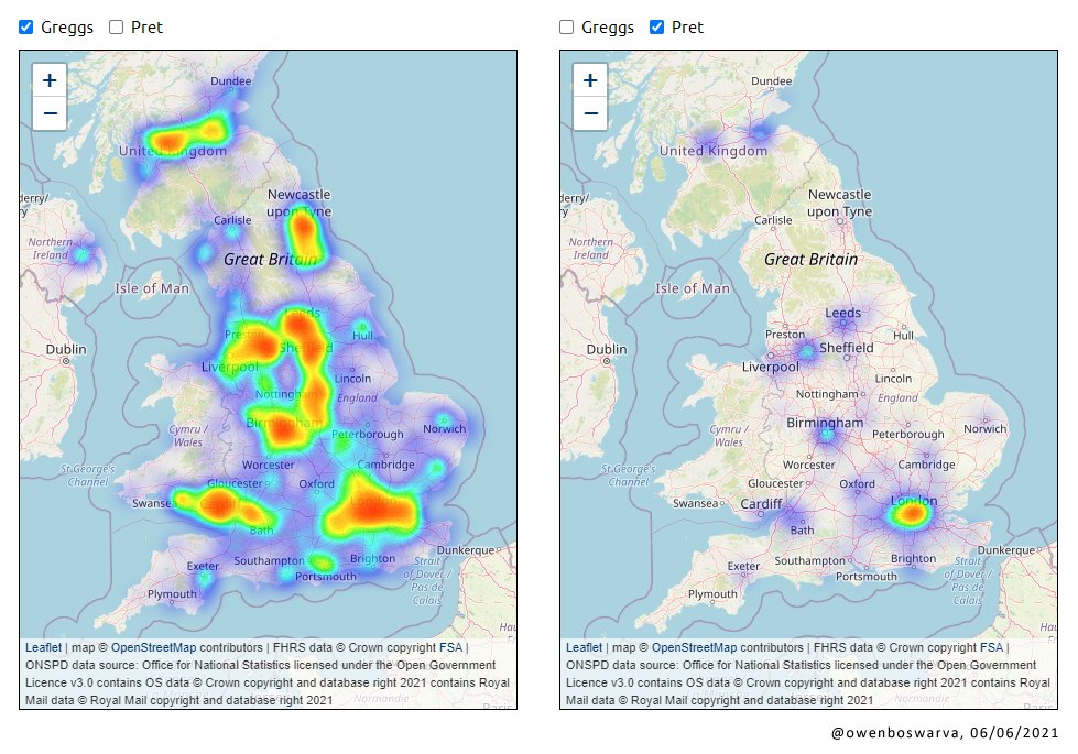 owenboswarva's tweet image. Greggs vs Pret – new heatmaps owenboswarva.com/blog/note-food… #datavis #leafletjs #fhrs #opendata