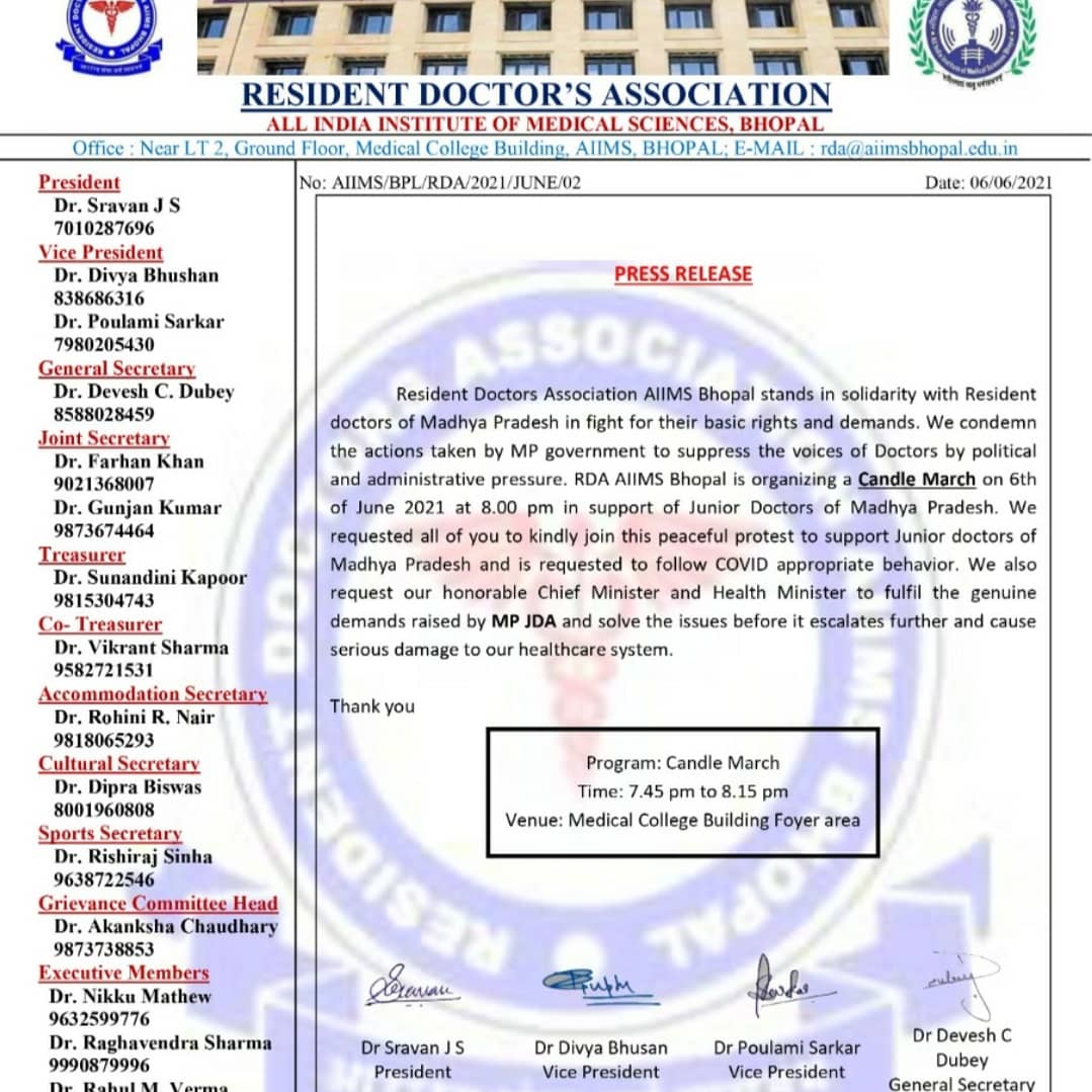 RDA_AIIMSBHOPAL's tweet photo. RDA AIIMS Bhopal requests all residents to take part in the candle march today from 7.45pm onwards to support the ongoing strike of Junior Doctors of MP. #jdamp #rdaaiimsbhopal #rdaaiims #vishwassarang #shivrajsinghchouhan #prabhuramchoudhary #cmmp #aiimsbhopal https://t.co/xKeNj2uASF