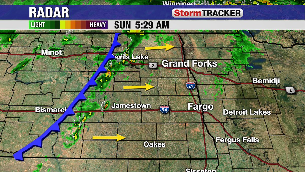 A cold front is sweeping across North Dakota early this Sunday morning. Scattered showers and thunderstorms will be possible as this front moves eastward.